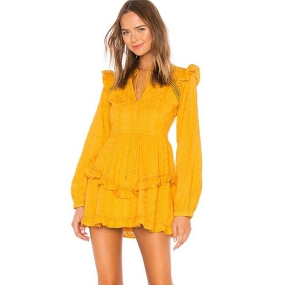 Tularosa Golden Yellow Lisa Blouson Embroidered Ruffle Mini Dress Size Large - Picture 2 of 16